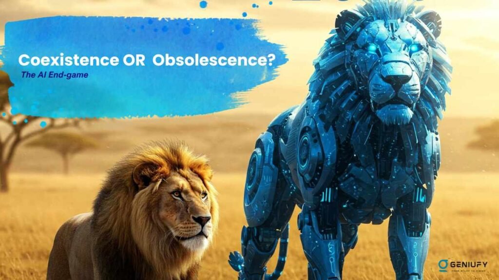 AI vs. Lion: A blue AI robot lion with "2050" above it faces a traditional lion, illustrating the potential impact of artificial intelligence.