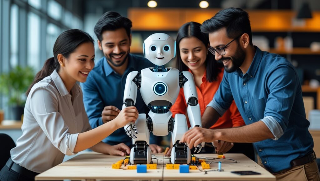 Employees collaborating on a project, demonstrating the power of teamwork in driving innovation. Geniufy supports this by providing a platform for tracking and verifying employee skills and certifications